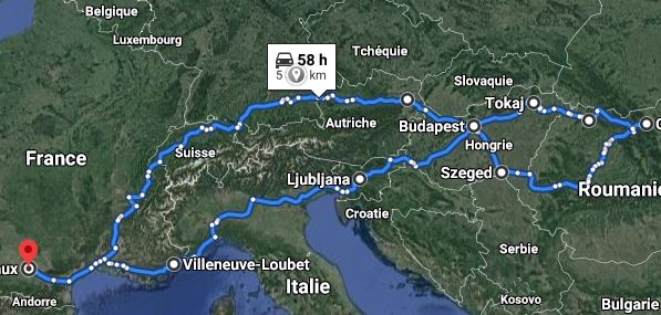 Carte Google Maps de l'itinéraire du road trip à travers la France, la Suisse, l'Autriche, la Hongrie et la Roumanie