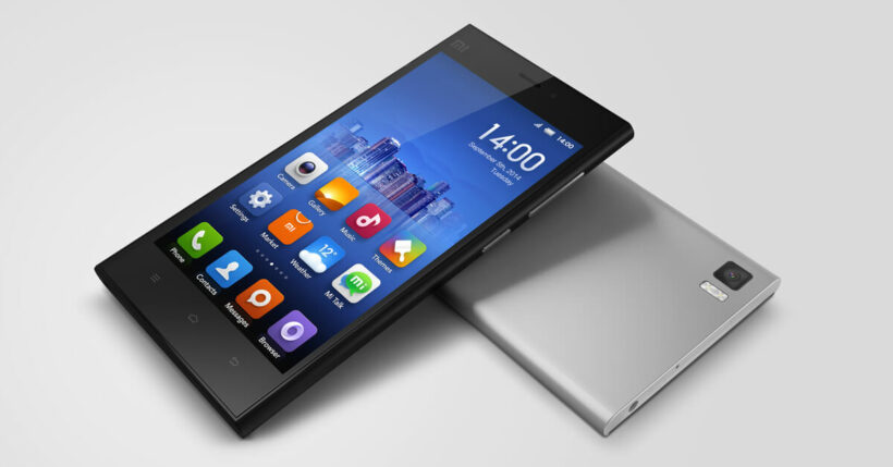 Xiaomi Mi 3 showing its MIUI home screen on the front and aluminum back panel