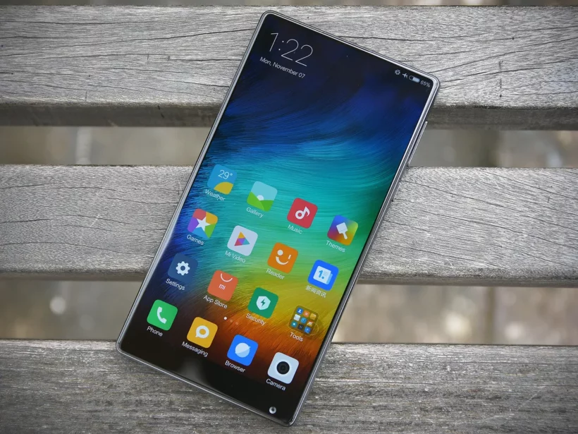 Xiaomi Mi MIX front face showing near-bezelless display with front camera relocated to the bottom chin