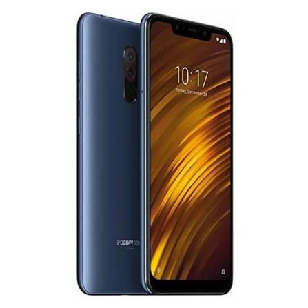 Pocophone F1 in steel blue, showing front and back, with dual rear cameras and a notched display