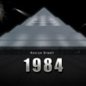 Illustration inspired by George Orwell's 1984, showing a giant pyramid engraved with "War is Peace, Freedom is Slavery, Ignorance is Strength" under surveillance searchlights