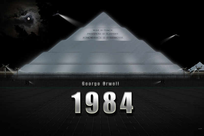 Illustration inspired by George Orwell's 1984, showing a giant pyramid engraved with "War is Peace, Freedom is Slavery, Ignorance is Strength" under surveillance searchlights