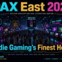 PAX East 2023 at Boston Convention and Exhibition Center, crowded indie game showcase floor with neon signage reading Indie Dev Spotlight Panel Room 210, Small Studio Epic Games, and Indie Gaming's Finest Hour, from m1k.tech: Future. Played Here