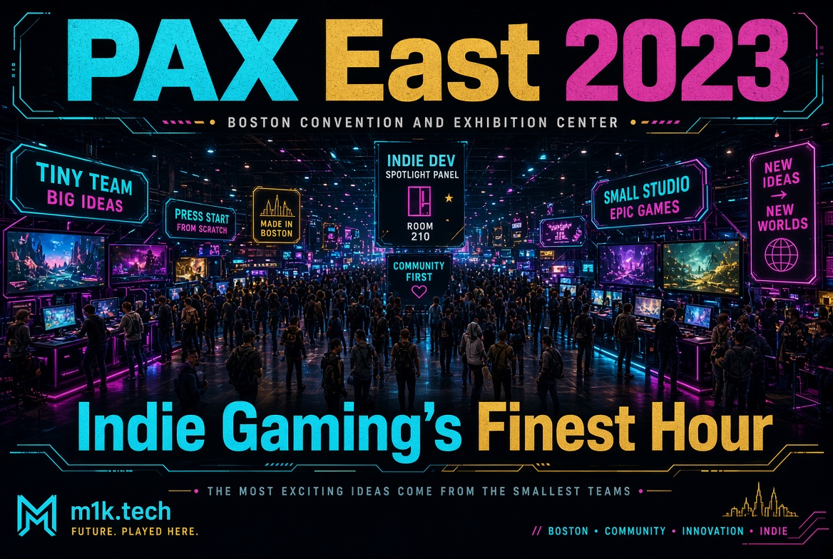 PAX East 2023 at Boston Convention and Exhibition Center, crowded indie game showcase floor with neon signage reading Indie Dev Spotlight Panel Room 210, Small Studio Epic Games, and Indie Gaming's Finest Hour, from m1k.tech: Future. Played Here