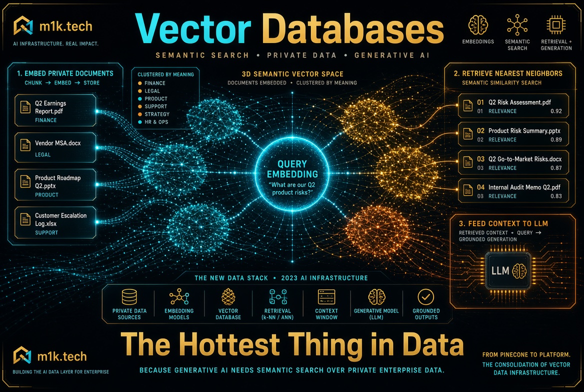 Diagram showing vector database workflow: private documents are embedded into a 3D semantic vector space clustered by meaning (finance, legal, product, support), a query embedding retrieves the nearest matching documents ranked by relevance, and that retrieved context is fed into an LLM for grounded generation, illustrating the data stack from private sources to embeddings, vector database, retrieval, context window, and generative model outputs
