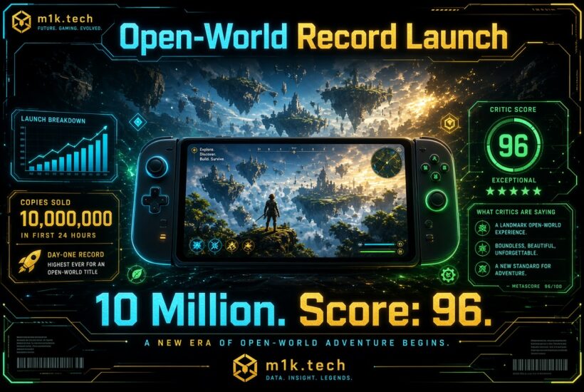 Infographic: open-world game sold 10 million copies in 24 hours, critic score 96, rising launch sales chart, day-one sales record