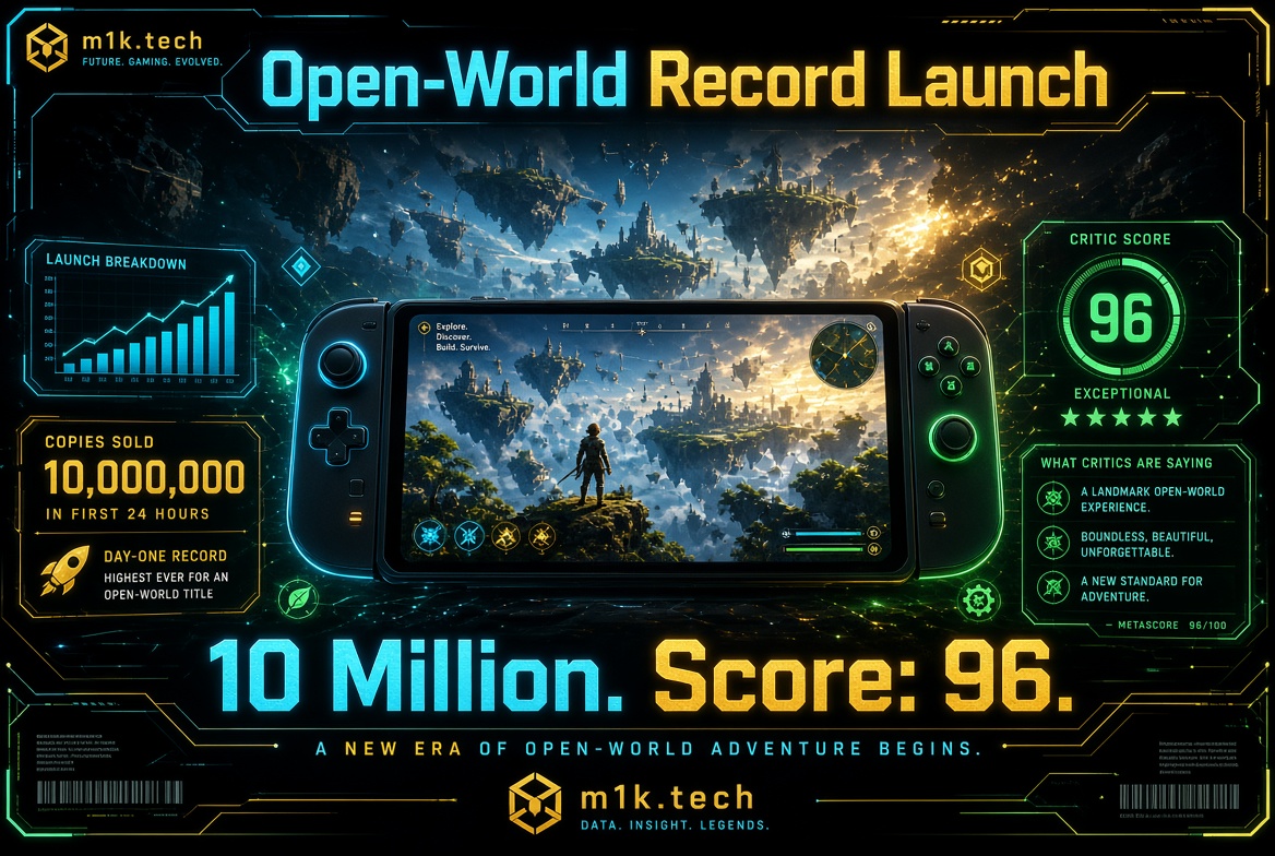 Infographic: open-world game sold 10 million copies in 24 hours, critic score 96, rising launch sales chart, day-one sales record