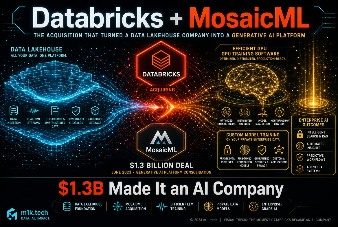 Infographic on Databricks acquiring MosaicML for $1.3B in June 2023, merging data lakehouse capabilities with efficient GPU training and custom model training to enable enterprise AI outcomes like intelligent search, automated insights, and agentic AI systems