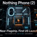 Infographic on Nothing Phone (2) US launch: Glyph Interface, clean Nothing OS, Snapdragon 8+ Gen 1 chip, near-flagship tier at $599