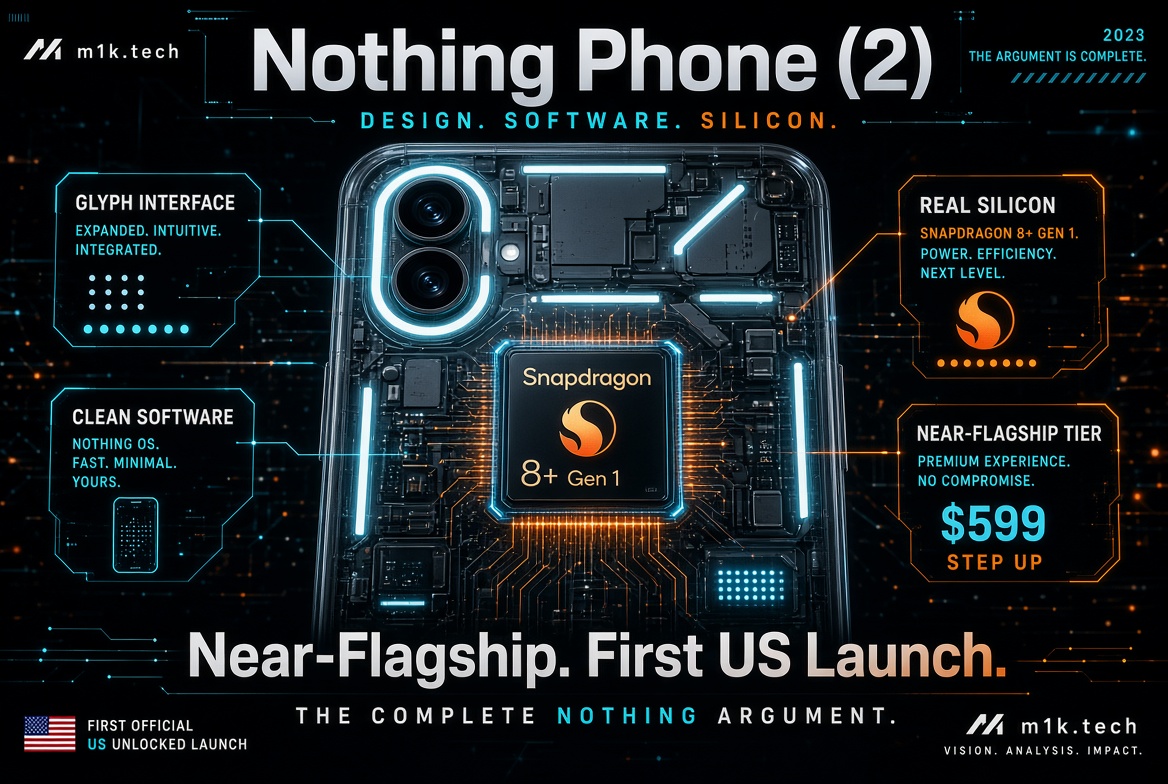 Infographic on Nothing Phone (2) US launch: Glyph Interface, clean Nothing OS, Snapdragon 8+ Gen 1 chip, near-flagship tier at $599