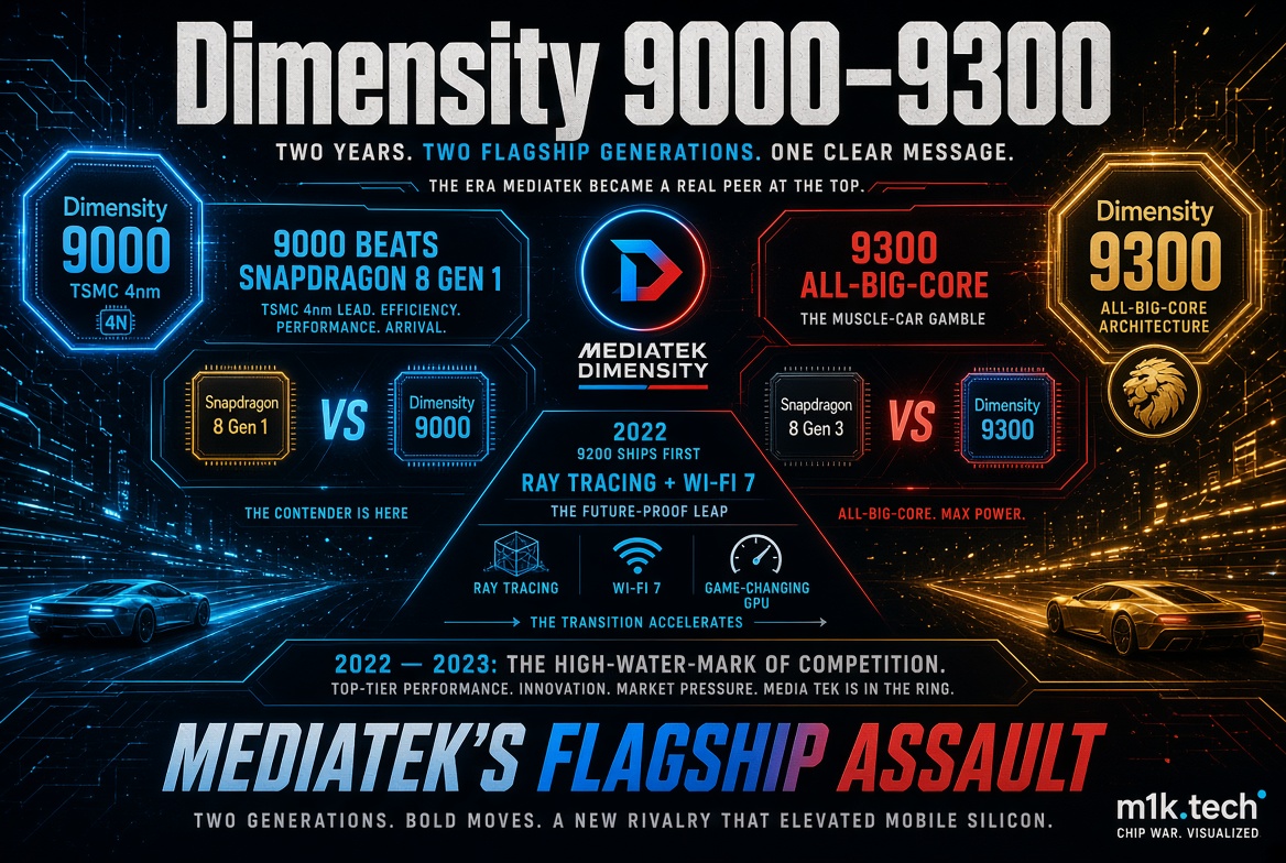 Infographic on MediaTek Dimensity 9000-9300: Dimensity 9000 (TSMC 4nm) beat Snapdragon 8 Gen 1; 2022 saw 9200 ship first with ray tracing and Wi-Fi 7; Dimensity 9300 went all-big-core versus Snapdragon 8 Gen 3, marking MediaTek's flagship rivalry from 2022-2023