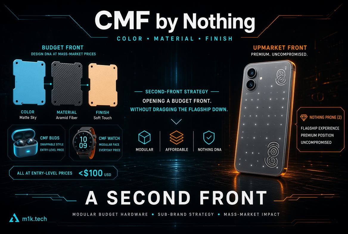 Infographic on CMF by Nothing's second-front strategy: budget line (CMF Buds, CMF Watch, color/material/finish options) under $100, paired with upmarket Nothing Phone (2) for flagship experience, illustrating modular, affordable, mass-market hardware strategy alongside premium positioning