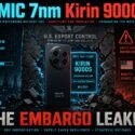 Infographic on SMIC 7nm Kirin 9000S chip powering the Huawei Mate 60 Pro despite U.S. export sanctions, made via DUV multipatterning without EUV; highlights U.S. policy capping China at 14nm and text "The Embargo Leaked