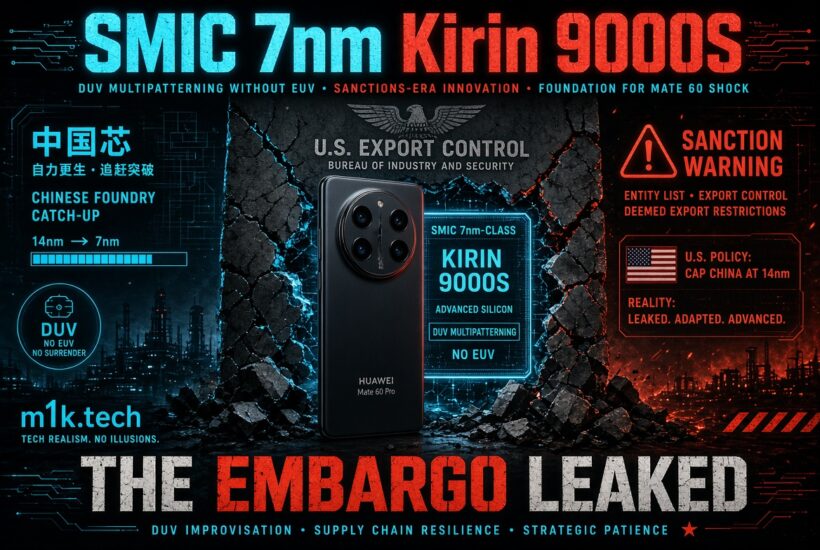 Infographic on SMIC 7nm Kirin 9000S chip powering the Huawei Mate 60 Pro despite U.S. export sanctions, made via DUV multipatterning without EUV; highlights U.S. policy capping China at 14nm and text "The Embargo Leaked