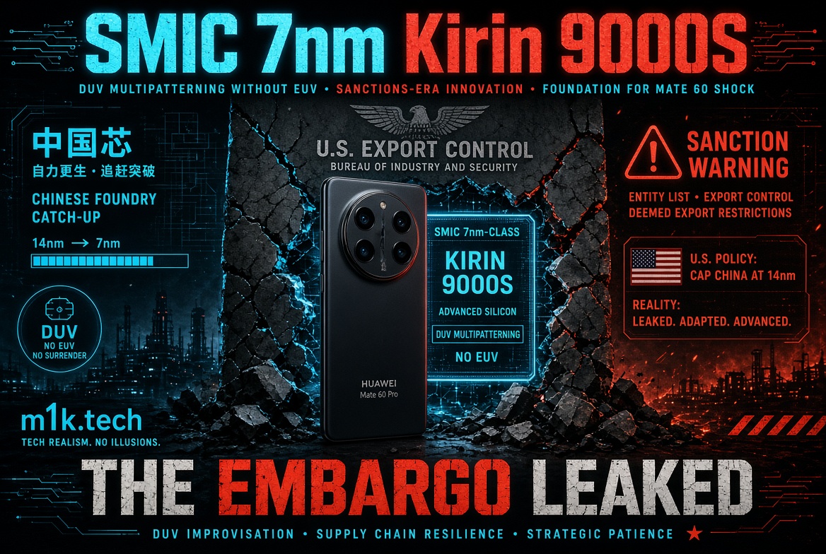 Infographic on SMIC 7nm Kirin 9000S chip powering the Huawei Mate 60 Pro despite U.S. export sanctions, made via DUV multipatterning without EUV; highlights U.S. policy capping China at 14nm and text "The Embargo Leaked