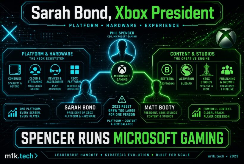 Diagram of Xbox leadership under Microsoft Gaming: Phil Spencer as CEO, with Sarah Bond leading Platform & Hardware (Consoles, Cloud Streaming, Devices, Xbox Platform Services) and Matt Booty leading Content & Studios (Bethesda, Activision Blizzard, Xbox Studios, Publishing & Growth). Notes 2023 restructure split platform and content into a new balance, with Spencer overseeing all of Microsoft Gaming