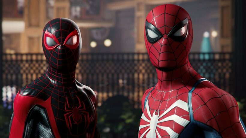 Marvel's Spider-Man 2 dual protagonists Peter Parker and Miles Morales swinging through New York City