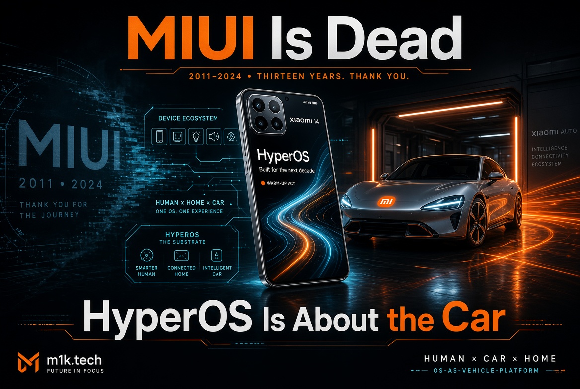 Graphic marking the end of MIUI (2011-2024) and launch of HyperOS, showing a Xiaomi 14 phone and Xiaomi car, with HyperOS ecosystem linking human, home, and car