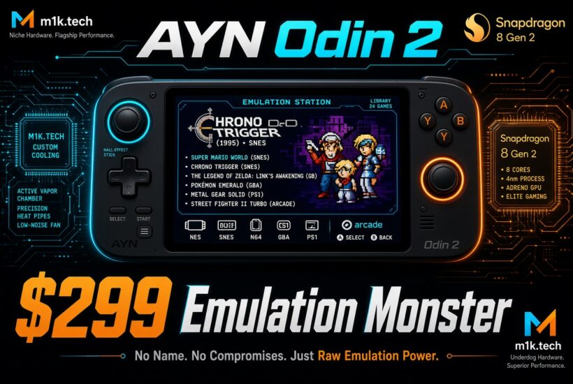 AYN Odin 2 handheld with Snapdragon 8 Gen 2, showing Chrono Trigger emulation menu, priced at $299