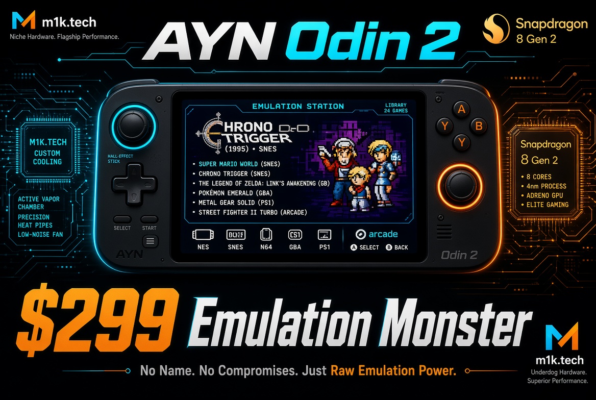 AYN Odin 2 handheld with Snapdragon 8 Gen 2, showing Chrono Trigger emulation menu, priced at $299