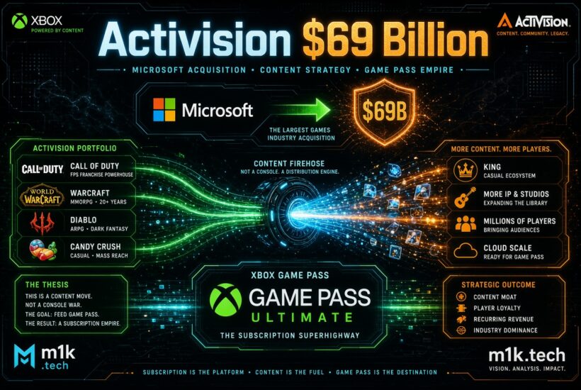 Infographic: Microsoft's $69B Activision deal feeds Game Pass with Call of Duty, Warcraft, Diablo, Candy Crush, boosting content, players, and cloud scale for subscription-driven industry dominance
