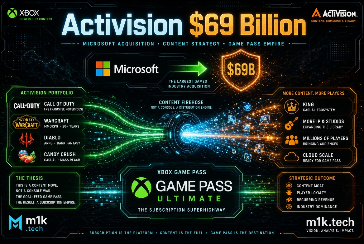 Infographic: Microsoft's $69B Activision deal feeds Game Pass with Call of Duty, Warcraft, Diablo, Candy Crush, boosting content, players, and cloud scale for subscription-driven industry dominance