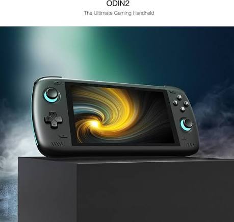 AYN Odin 2 handheld gaming device with hall-effect sticks and large display, shown on a dark platform
