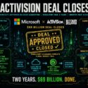 Infographic: Microsoft's $69 billion Activision Blizzard acquisition closes after a two-year regulatory battle (2021-2024). Bobby Kotick exits after the deal. Activision's cloud gaming rights transfer to Ubisoft, expanding Ubisoft+ streaming. Global map shows industry consolidation and shifting power structure