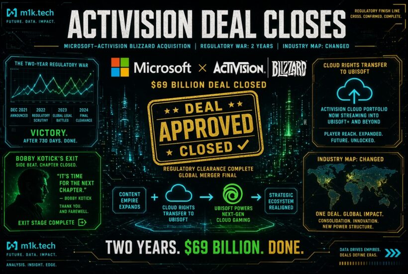 Infographic: Microsoft's $69 billion Activision Blizzard acquisition closes after a two-year regulatory battle (2021-2024). Bobby Kotick exits after the deal. Activision's cloud gaming rights transfer to Ubisoft, expanding Ubisoft+ streaming. Global map shows industry consolidation and shifting power structure