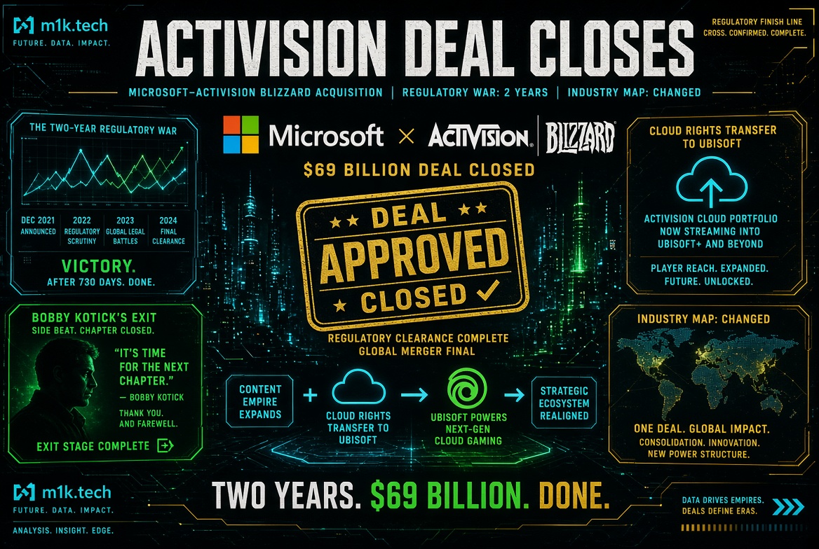 Infographic: Microsoft's $69 billion Activision Blizzard acquisition closes after a two-year regulatory battle (2021-2024). Bobby Kotick exits after the deal. Activision's cloud gaming rights transfer to Ubisoft, expanding Ubisoft+ streaming. Global map shows industry consolidation and shifting power structure