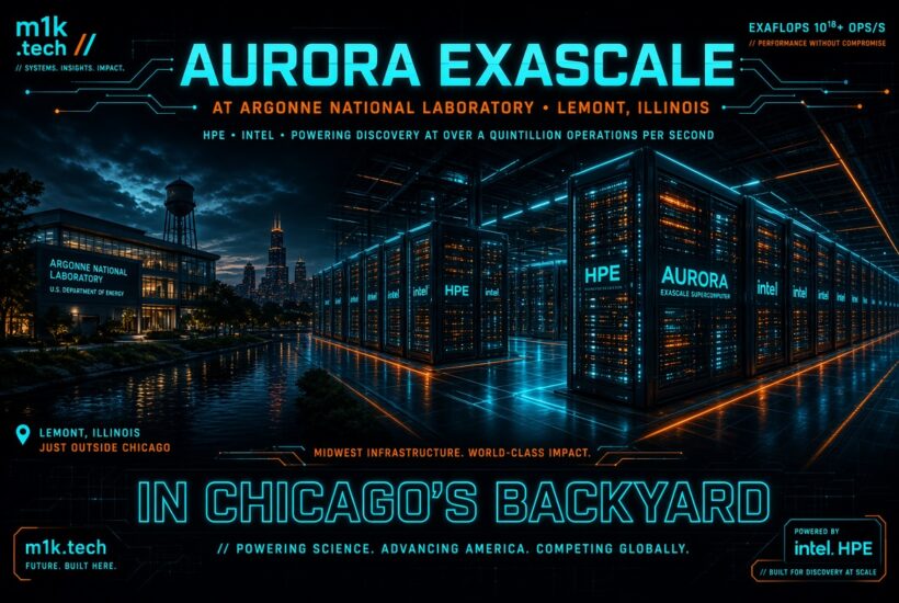 Infographic: Aurora Exascale supercomputer at Argonne National Laboratory, Lemont, Illinois, built by HPE and Intel, delivering over a quintillion operations per second, shown as glowing server racks near Chicago's skyline