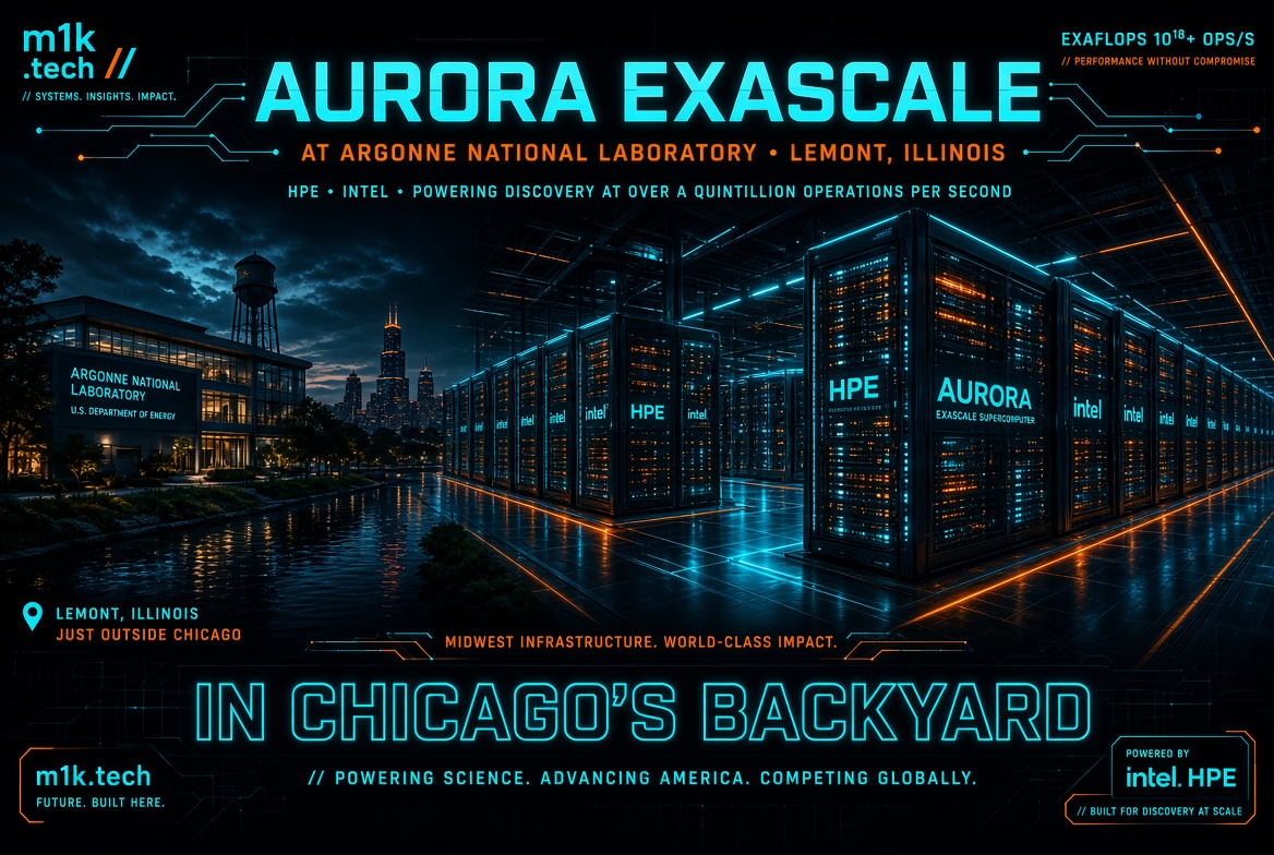 Infographic: Aurora Exascale supercomputer at Argonne National Laboratory, Lemont, Illinois, built by HPE and Intel, delivering over a quintillion operations per second, shown as glowing server racks near Chicago's skyline