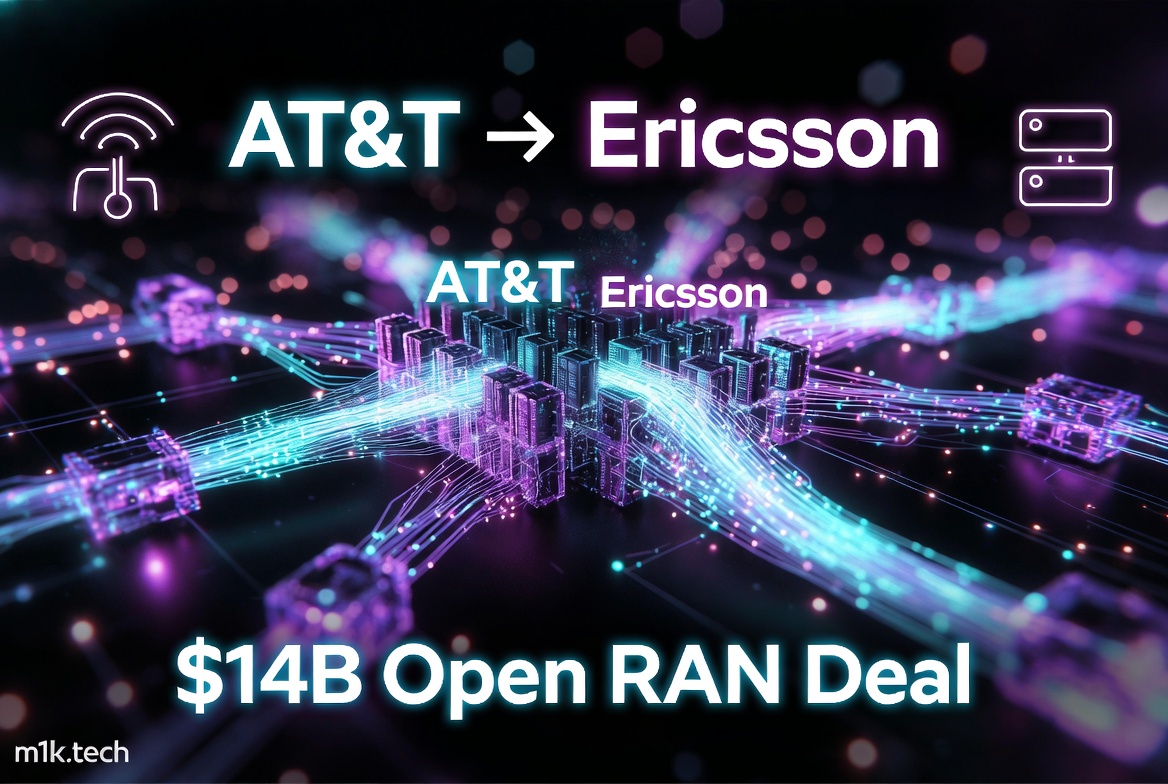 AT&T and Ericsson $14B Open RAN Deal announcement graphic with glowing network infrastructure visual