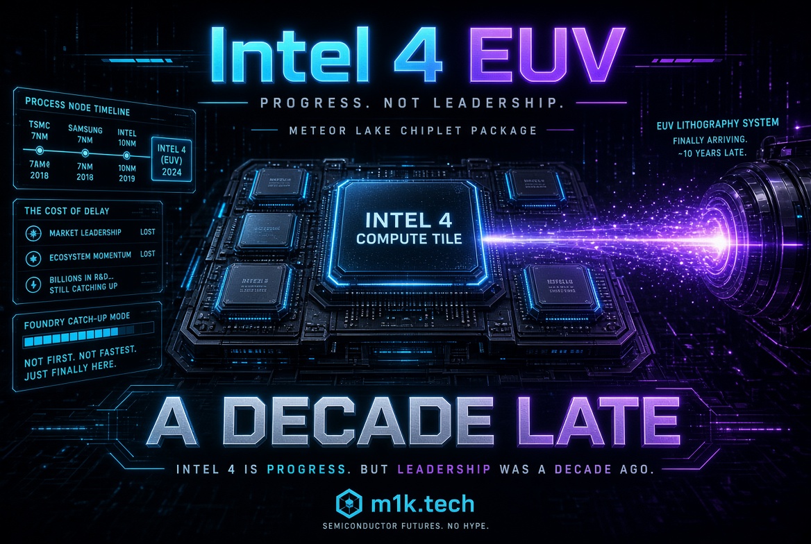 Infographic: Intel 4 EUV Meteor Lake chiplet arrives 2024, a decade after TSMC (2018) and Samsung (2018) reached comparable nodes, calling it progress but lost leadership and market momentum despite heavy R&D investment