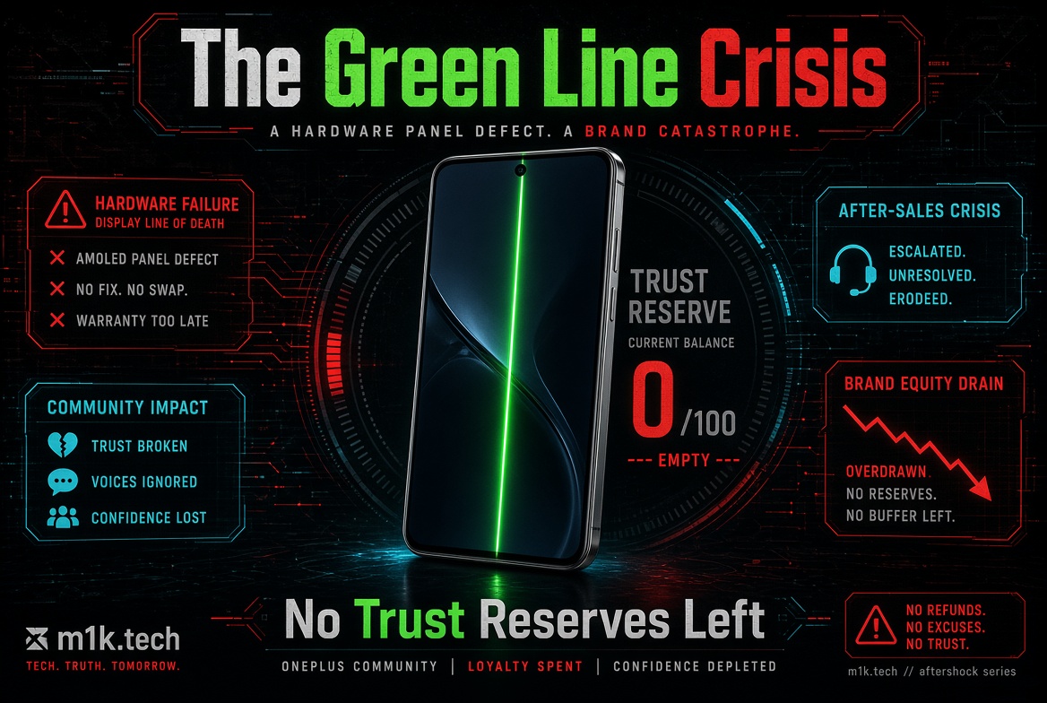 Infographic "The Green Line Crisis": phone with green display defect line; panels list hardware failure, no warranty fix, after-sales crisis, community trust broken, brand equity drain, trust reserve at 0/100, no refunds—OnePlus community loyalty depleted