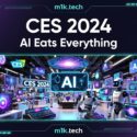 CES 2024: AI Eats Everything — futuristic expo floor with robots and AI-branded screens, from m1k.tech