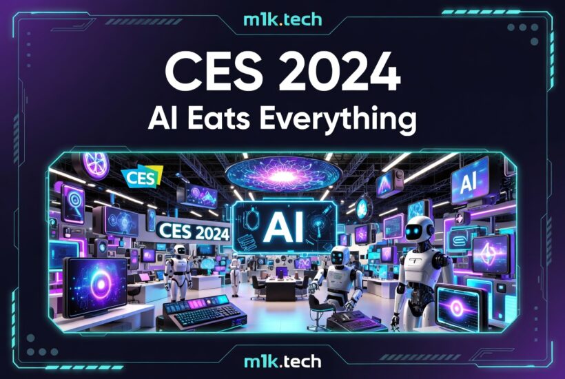 CES 2024: AI Eats Everything — futuristic expo floor with robots and AI-branded screens, from m1k.tech
