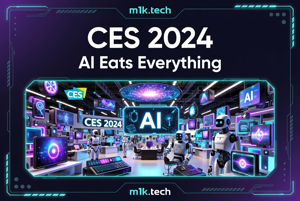 CES 2024: AI Eats Everything — futuristic expo floor with robots and AI-branded screens, from m1k.tech