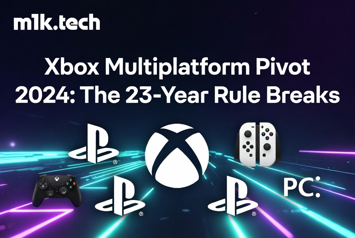 Xbox Multiplatform Pivot 2024: The 23-Year Rule Breaks — m1k.tech article cover featuring Xbox, PlayStation, Nintendo Switch, and PC logos