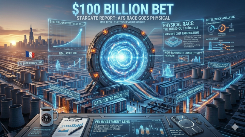 Illustrated infographic titled $100 Billion Bet: Stargate Report — AI's Race Goes Physical, showing vast data centers, cooling towers, and a sci-fi portal representing the planned Stargate supercomputer infrastructure
