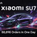 Xiaomi SU7 electric sedan with text: 88,898 Orders in One Day