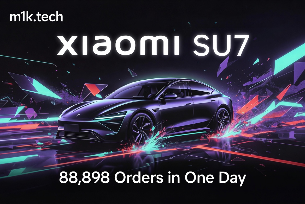 Xiaomi SU7 electric sedan with text: 88,898 Orders in One Day