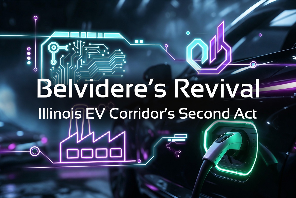 Belvidere's Revival: Illinois EV Corridor's Second Act — article header image with EV charging port and neon tech graphics