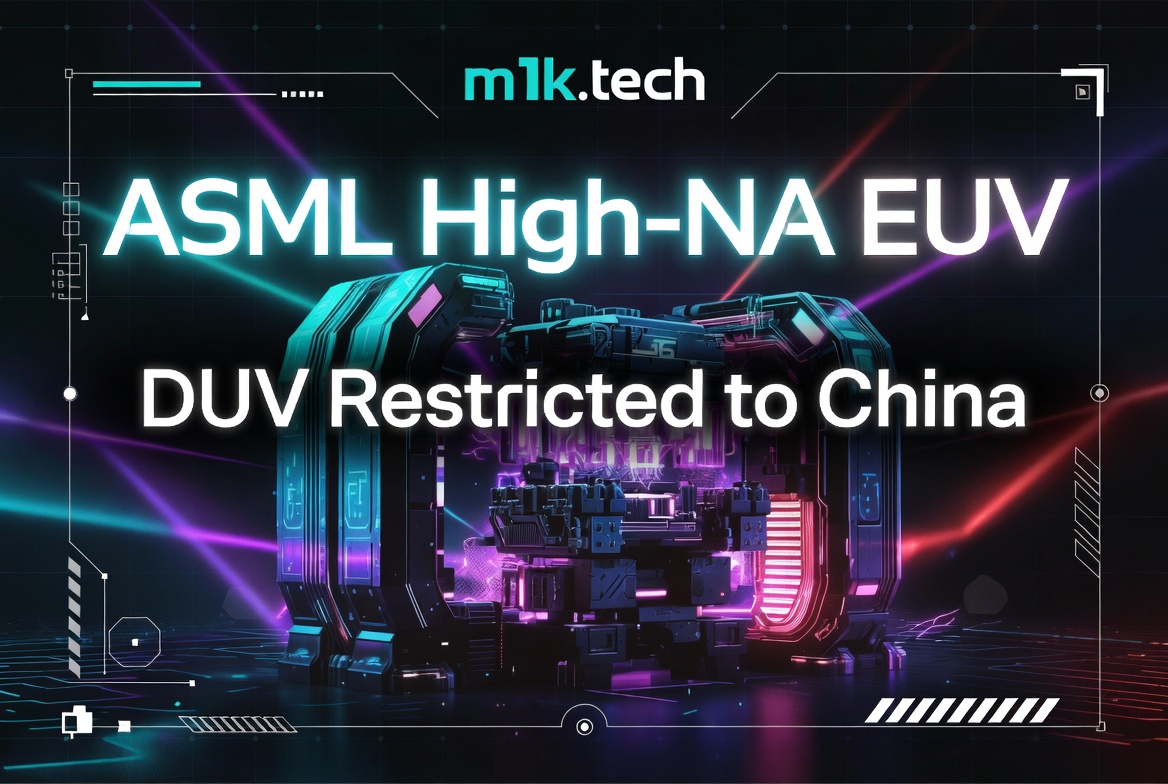 ASML High-NA EUV and DUV Restricted to China — m1k.tech article cover image with futuristic chip machinery illustration
