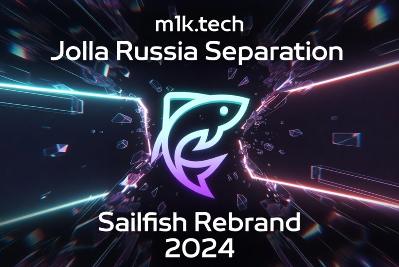 m1k.tech Jolla Russia Separation – Sailfish Rebrand 2024, featuring the Sailfish OS logo with a dramatic shattering effect