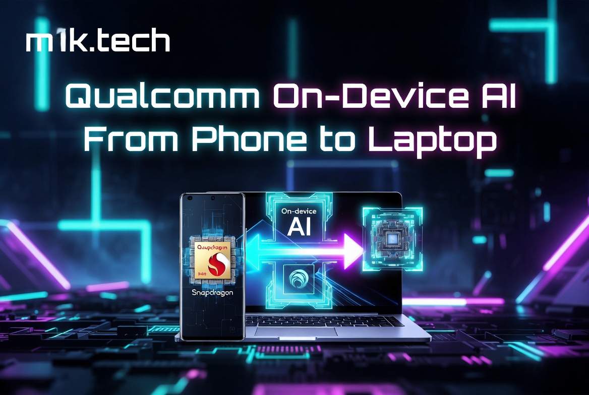 Qualcomm On-Device AI: From Phone to Laptop — Snapdragon-powered smartphone alongside a laptop displaying on-device AI chip graphics