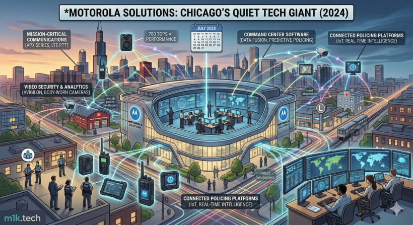 Illustrated overview of Motorola Solutions' 2024 public safety portfolio: mission-critical communications, video security, command center software, and connected policing platforms set against the Chicago skyline