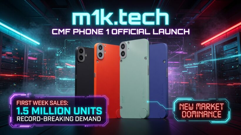 m1k.tech CMF Phone 1 Official Launch — four color variants shown; first week sales: 1.5 million units, record-breaking demand, new market dominance