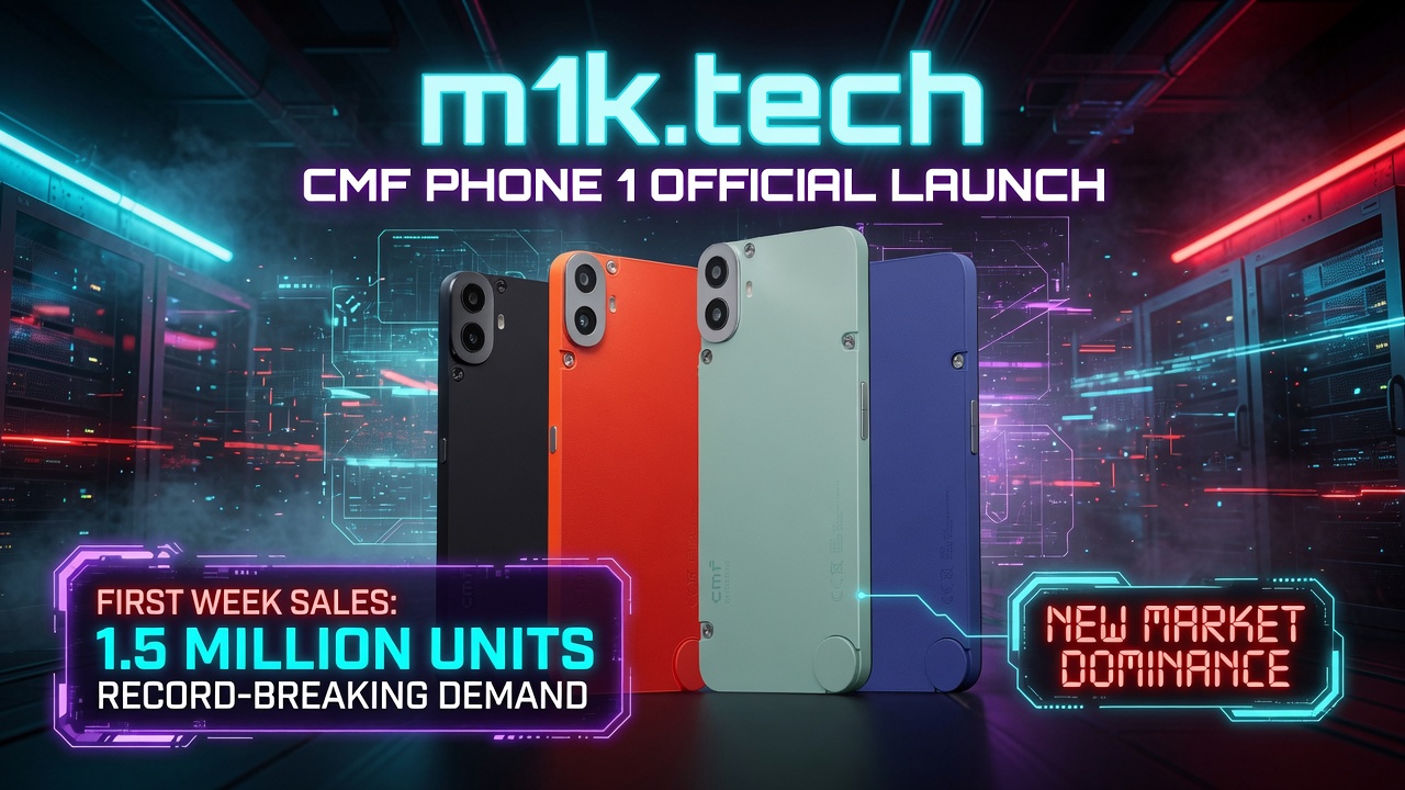 m1k.tech CMF Phone 1 Official Launch — four color variants shown; first week sales: 1.5 million units, record-breaking demand, new market dominance