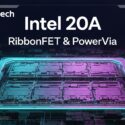 Intel 20A process node featuring RibbonFET and PowerVia technologies, shown with a stylized chip illustration